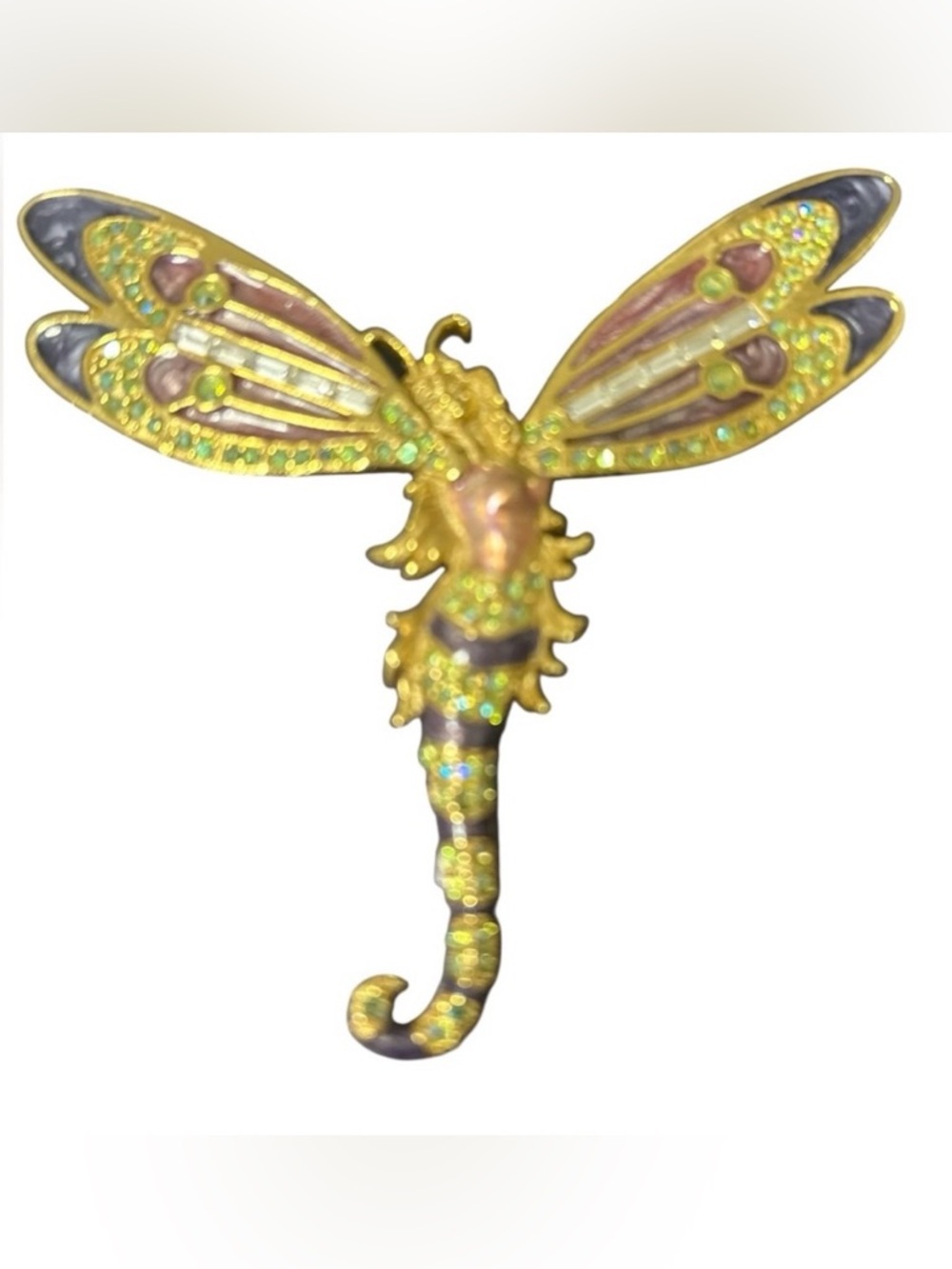 Vintage Kirks Folly Dragonfly Brooch Aurora Borealis Crystal Enamel GoldTone Pin